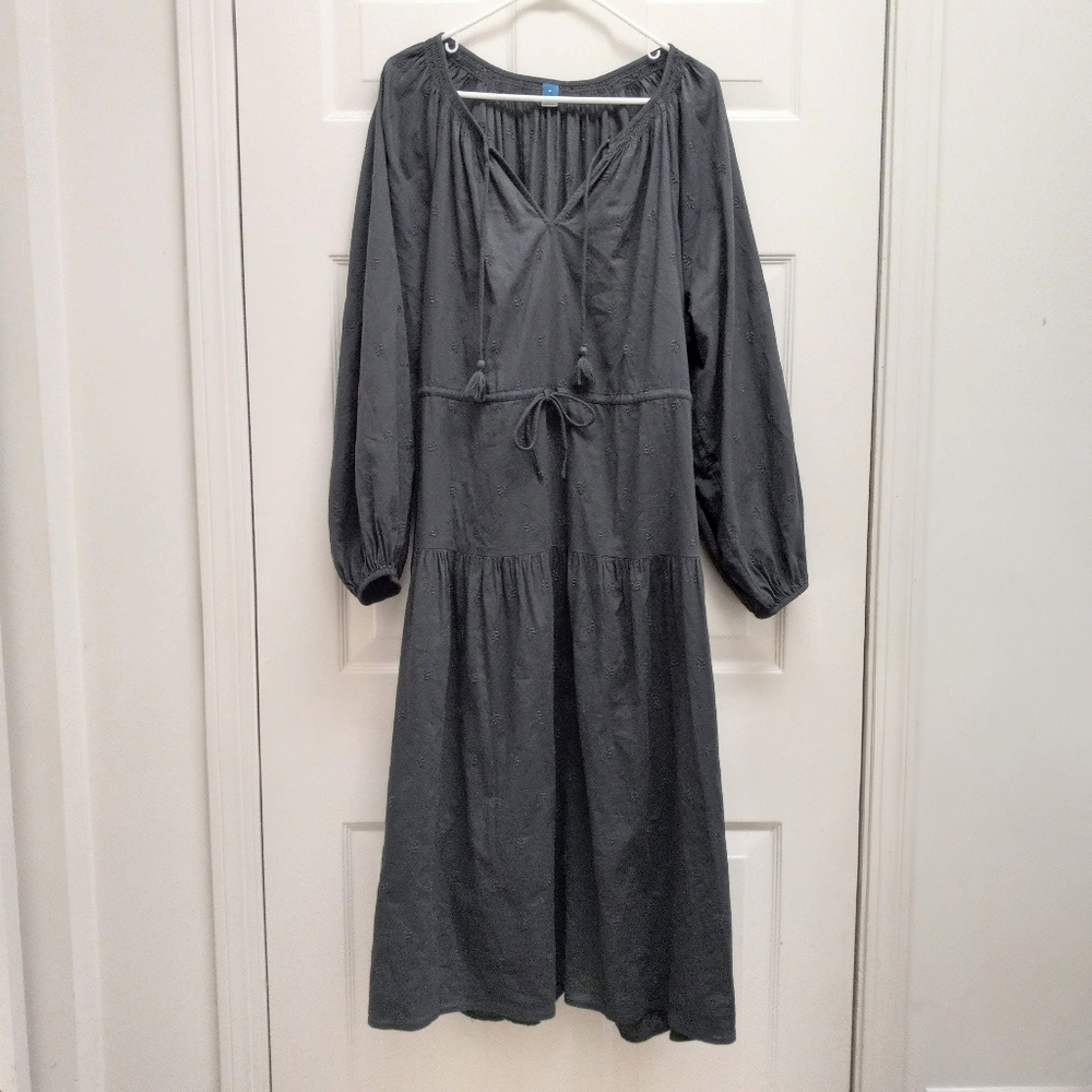 Old Navy Waist Defined Embroidered Midi Dress Gray Size XL Pockets Boho Peasant - Picture 2 of 16